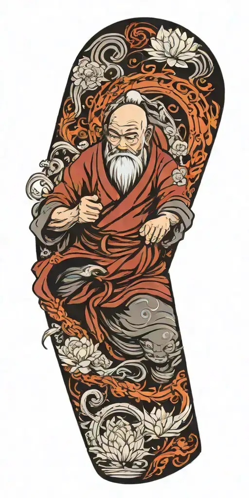 uncle iroh from the last airbender as a mighty firebender with white lotus ans symbol of the fire nation tattoo design idea