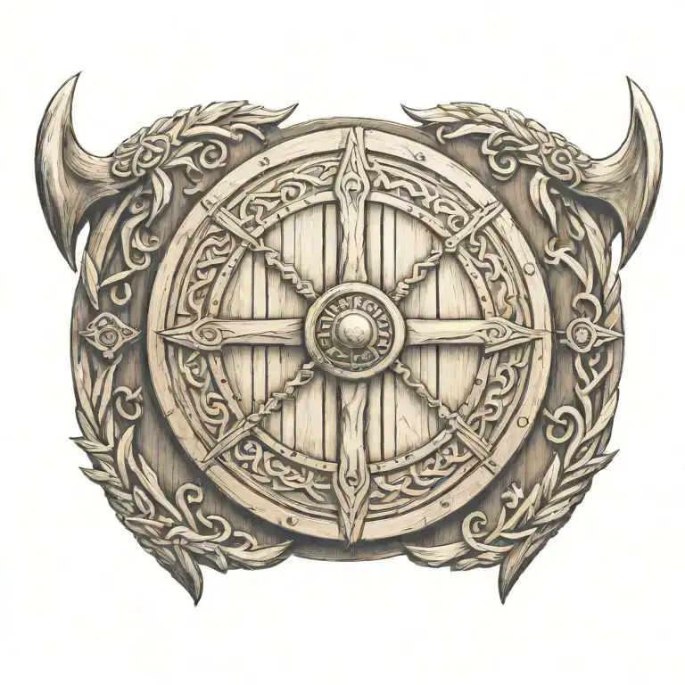 A plain viking round shiel made of wood ´with crossed axes behind  tattoo design idea