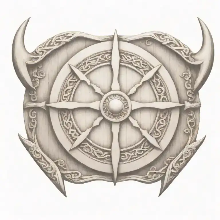 A viking round shield made of wood . black and white tattoo design idea
