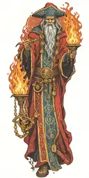 flaming bright wizard warhammer in a red robe with seven golden keys on a chain  tattoo design idea