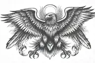 german Eagle rising from the ashes flying towards the sun sword in ita claws tattoo design idea