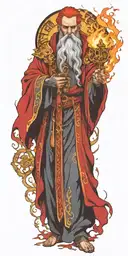 flaming bright wizard with fiery hair  in a red robe with seven golden keys on a chain tattoo design idea
