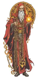 flaming bright wizard with fiery hair  in a red robe with seven golden keys on a chain tattoo design idea