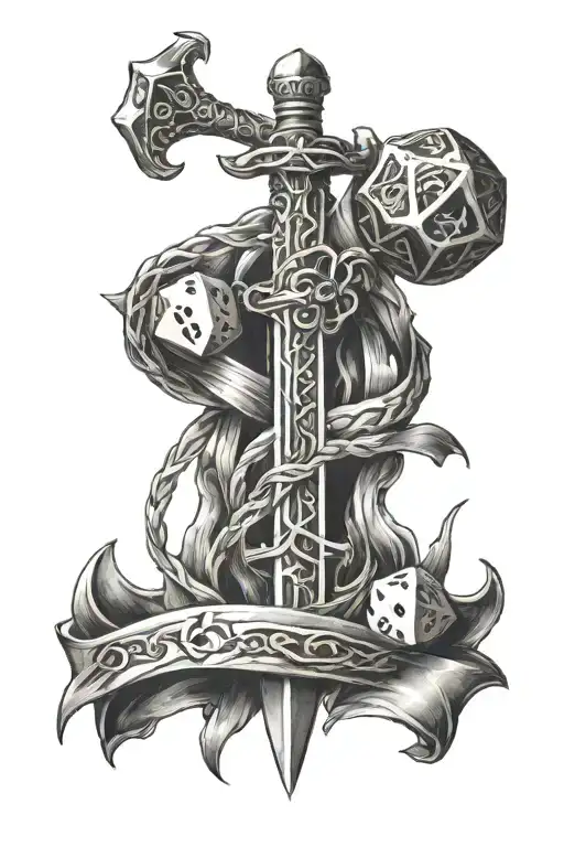 dungeons and dragons sword, bow, dice intertwined within tattoo design idea