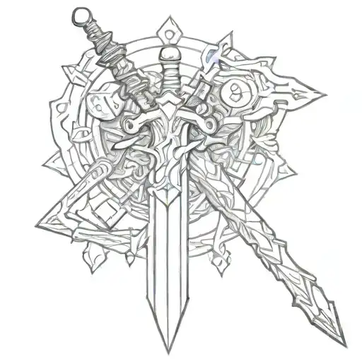 dungeons and dragons sword, bow, dice intertwined tattoo design idea