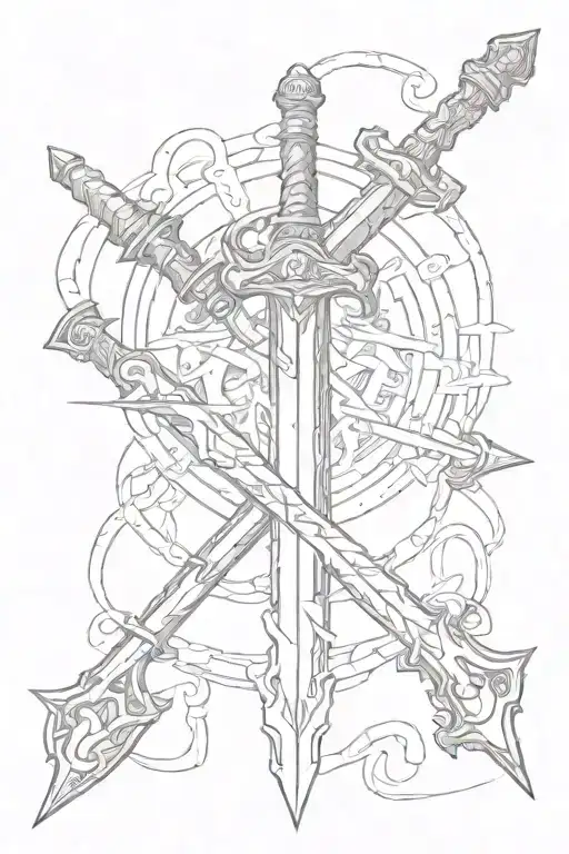 dungeons and dragons sword, bow, dice intertwined within tattoo design idea