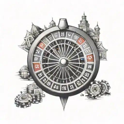 A black-grey tattoo of a roulette wheel with real estate symbols instead of numbers tattoo design idea