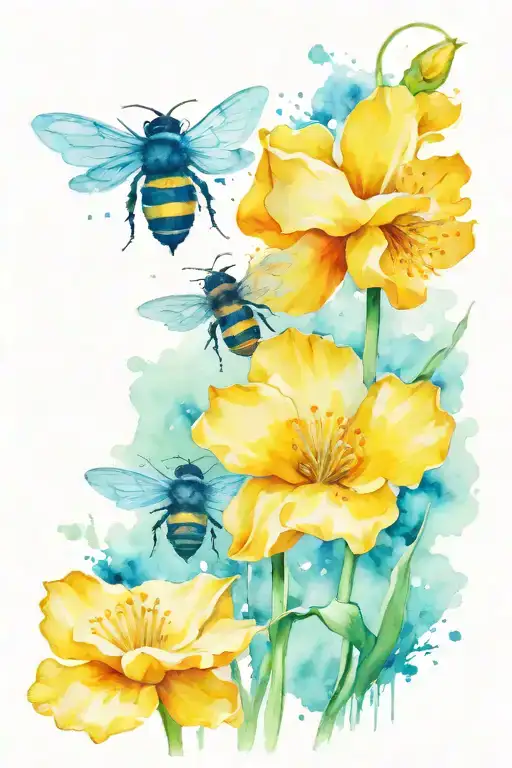 poppy, daffodil with two bees flying tattoo design idea