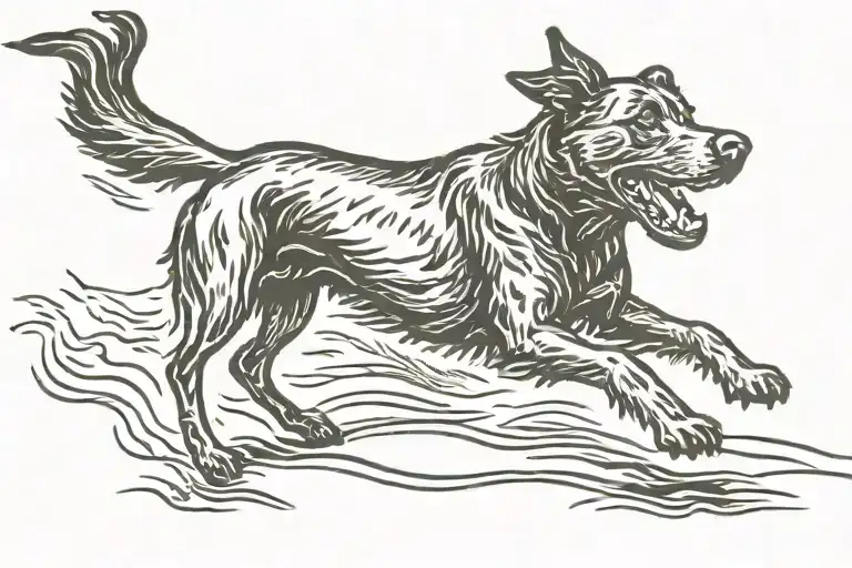 black dog running, woodcut style tattoo design idea
