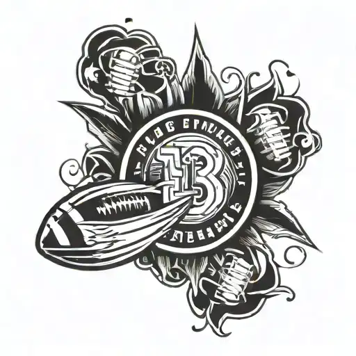 A stylized design of the American football team logo BYE integrated with the number 13 in a blackwork style tattoo design idea