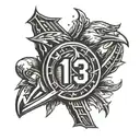 A stylized design of the American football team logo BYE integrated with the number 13 in a blackwork style tattoo design idea
