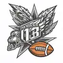 A stylized design of the American football team logo BYE integrated with the number 13 in a blackwork style tattoo design idea