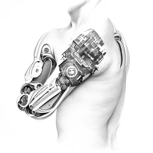 robotic sleeve with large arm scar tattoo design idea