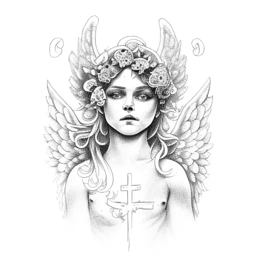 cherub angel with vines flowers and crosses tattoo design idea