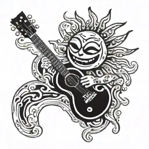 A psychedelic design of a laughing sun playing a guitar, with smoke swirls and heart motifs, representing your love for music and laughter tattoo design idea