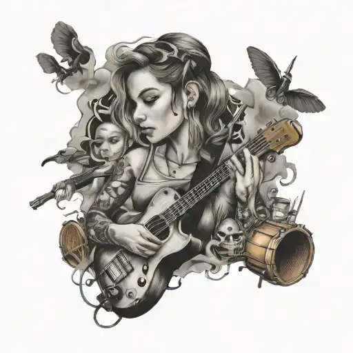 A portrait-style tattoo of your girl and kids surrounded by musical instruments and smoke clouds, representing your favorite things tattoo design idea