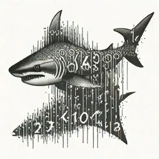 A haunting black-grey tattoo of a shark swimming through a sea of binary code, with the numbers forming the shape of a skull in the background tattoo design idea