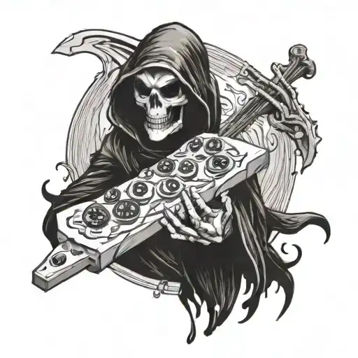 A tattoo design of the grim reaper holding a slice of pizza in one hand and a video game controller in the other tattoo design idea