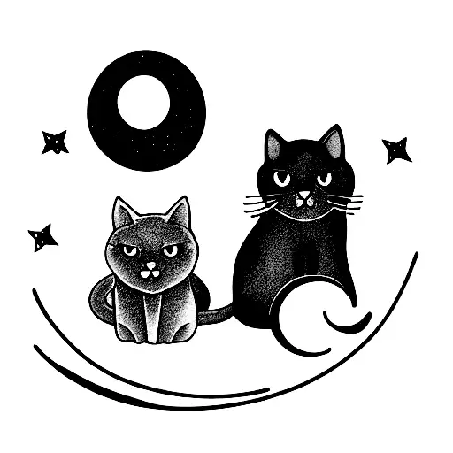 A black cat and white cat both sitting in front of a half moon with little stars around them  tattoo design idea