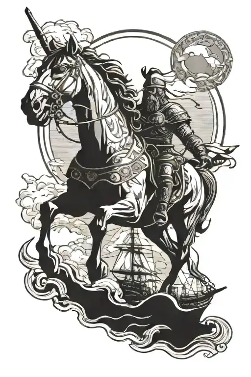 Horse, Ship sailing , sunset , god ares god of war tattoo design idea