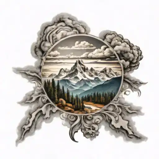 cursive H, with clouds and mountains in the background.  tattoo design idea