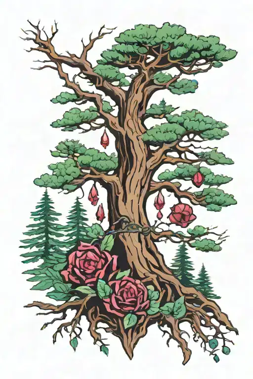 Redwood tree with Ruby gemstone, alexandrite gemstone, emerald gemstone tattoo design idea