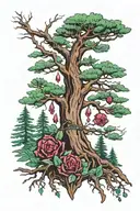 Redwood tree with Ruby gemstone, alexandrite gemstone, emerald gemstone tattoo design idea
