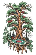 Redwood tree with Ruby gemstone, alexandrite gemstone, emerald gemstone tattoo design idea