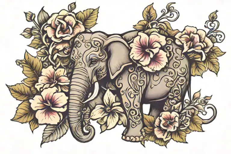 petunia and elephant tattoo design idea