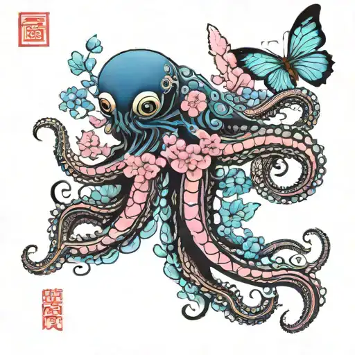 octupus with blue and pink butterflies and flowers tattoo design idea