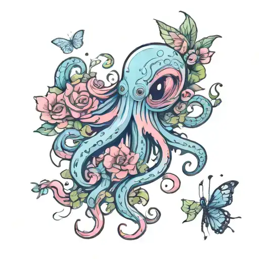 cute faceless octupus with blue and pink butterflies and flowers tattoo design idea