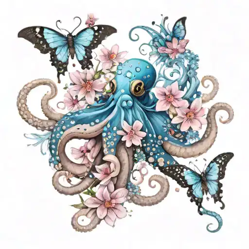 Octupus with blue and pink butterflies and flowers tattoo design idea