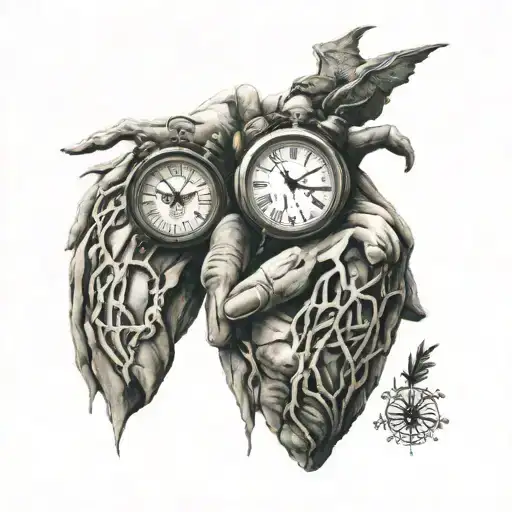 two holding hands  one of them have a broken heart tattoo and the second one have a clock tattoo tattoo design idea