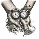 two holding hands  one of them have a broken heart tattoo and the second one have a clock tattoo tattoo design idea