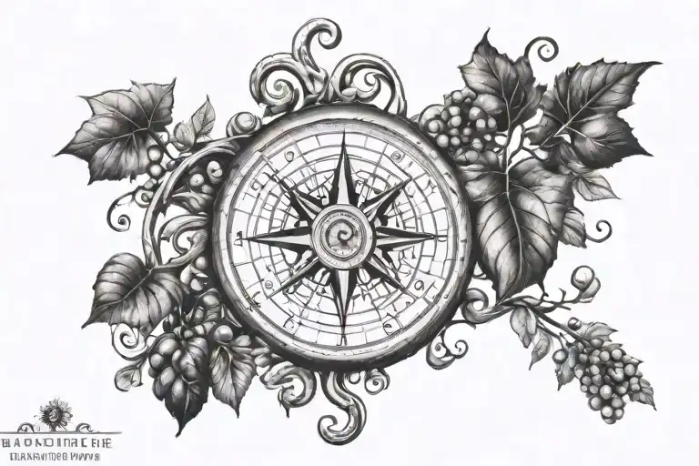 A compass made out of coffee beans and grape vines, symbolizing the client's love for travel and wine tattoo design idea