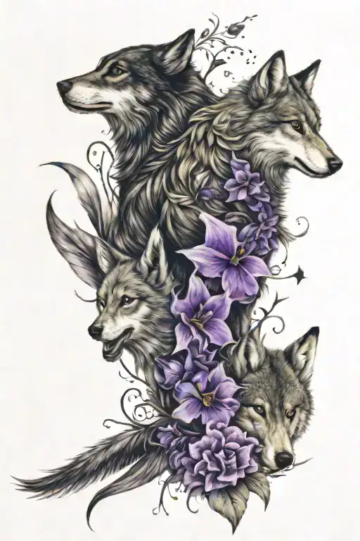 star, phoenix and wolf blended by violets and irises tattoo design idea