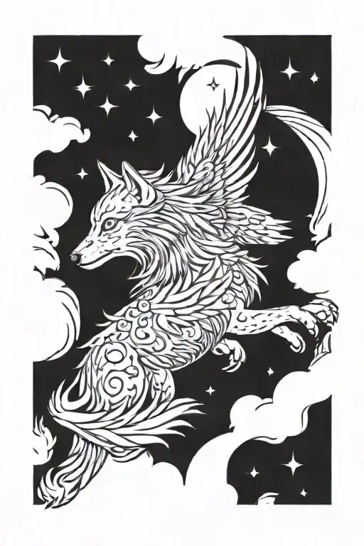 2 phoenix rising with a wolf howling at the stars forming tattoo design idea