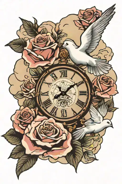 clouds,rose,clock,dove bird,1 of 1,chosen one tattoo design idea