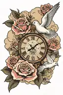 clouds,rose,clock,dove bird,1 of 1,chosen one tattoo design idea