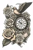 clouds,rose,clock,dove bird,1 of 1,chosen one tattoo design idea