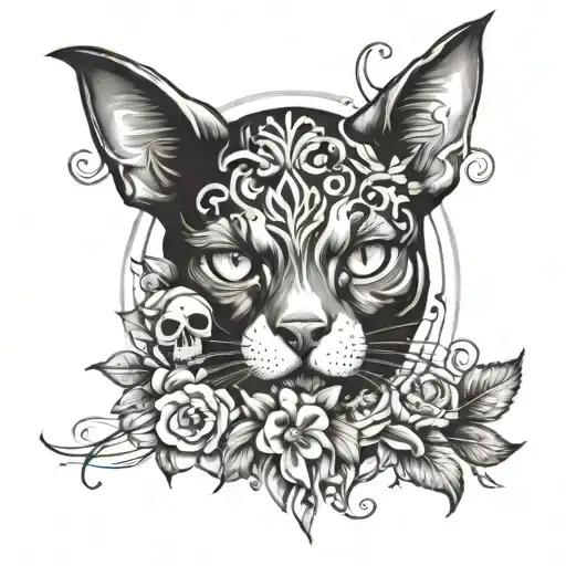 half sleeve tattoo featuring trifle, black kitten with a skull, Ferdinand the bull, and cool shapes tattoo design idea