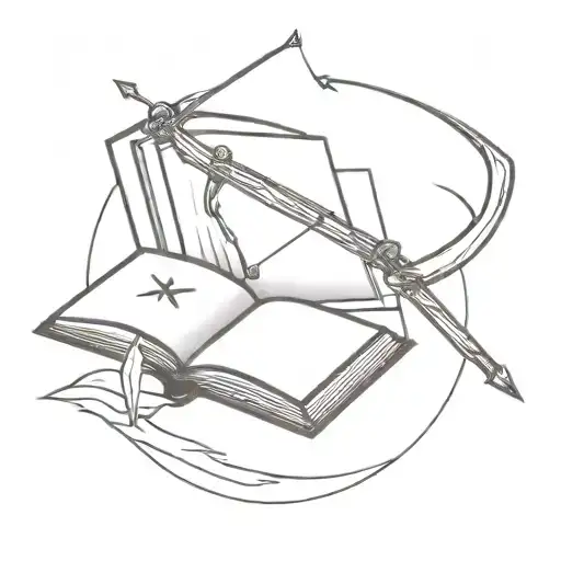 A traditional tattoo of a bow and arrow with a book open on top, symbolizing a love for archery and reading tattoo design idea