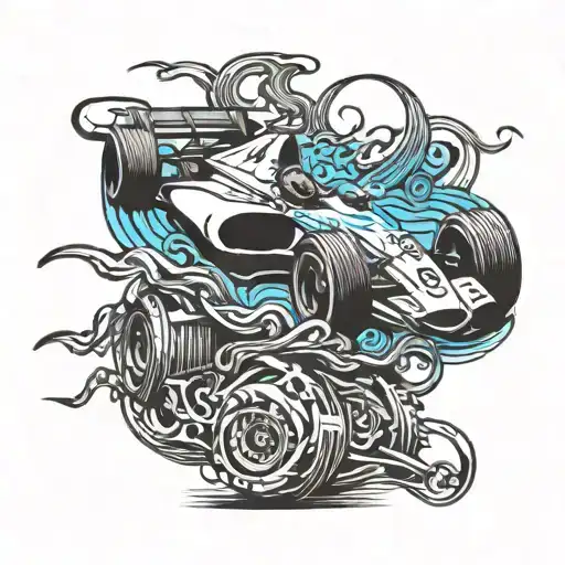 A new-school design of a Formula One car with musical notes as exhaust fumes tattoo design idea