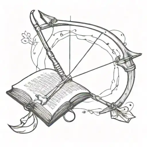 a bow and arrow with a book open on top, symbolizing a love for archery and reading tattoo design idea