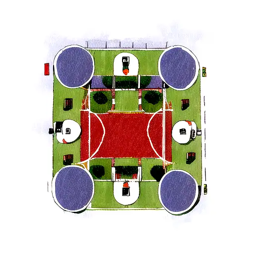 A traditional tattoo of a soccer field and basketball court intersecting, representing the client's love for both sports tattoo design idea