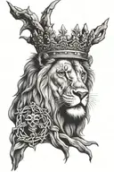 realistic lion with jesus like crown of thorns and cross covering eye tattoo design idea