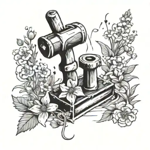 hammer hitting anvil and instead of sparks there is a spray of wildflowers and wildflowers on the ground also tattoo design idea