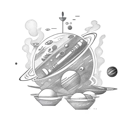 A tattoo of a bowl of soup with floating planets and spaceships, combining the client's interests in cooking and sci-fi tattoo design idea