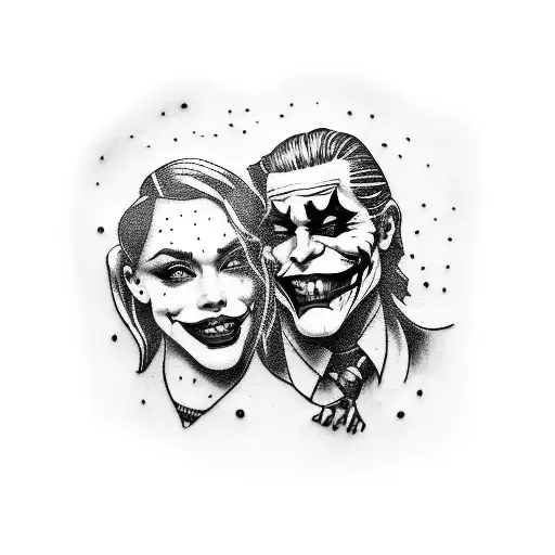 A tattoo of a graffiti mural depicting the Joker and Harley Quinn dancing in a New York City alleyway, representing the client's love for graffiti, comics, and the characters tattoo design idea