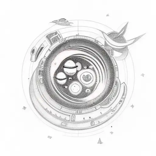 A tattoo of a bowl of soup with floating planets and spaceships, combining the client's interests in cooking and sci-fi tattoo design idea